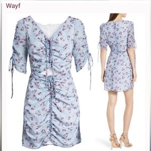 WAYF x Revolve ruched blue floral mini dress with cutouts + ties size XL